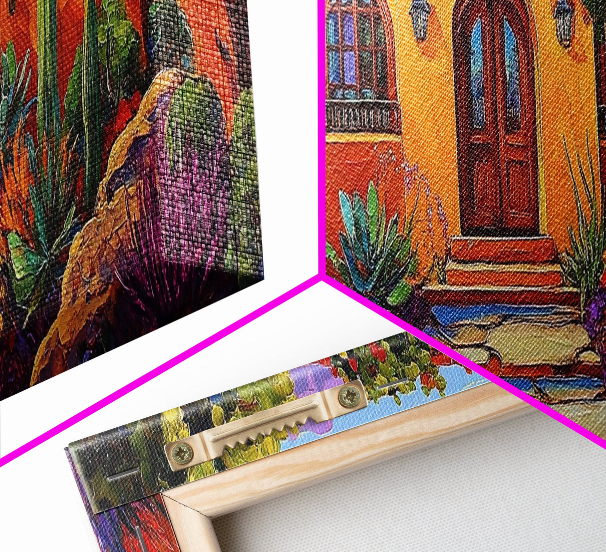 Southwest Garden Entrance, Cactus Desert Home, Rustic Charm, Framed Canvas Print, Living Room Wall Art, Vibrant Adobe Artwork