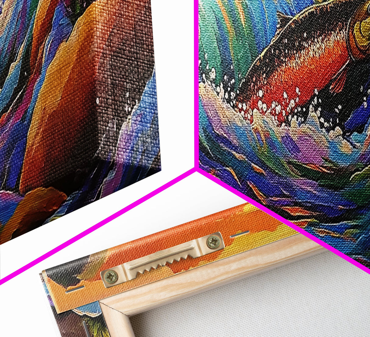 Leaping Salmon, River Fishing Scene, Wildlife Painting, Framed Canvas Print, Cabin Wall Art, Bold Nature Decor, Rustic Style