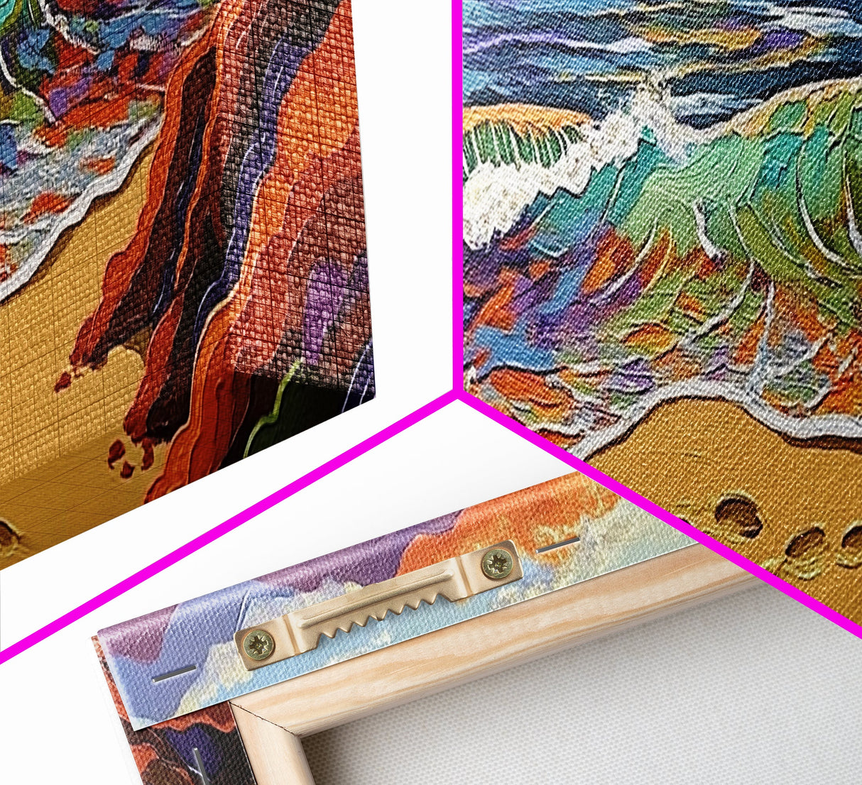 Sunset Shore View, Vibrant Ocean Wave, Footprints in Sand, Coastal Seascape Art, Framed Canvas Print, Beach House Wall Decor