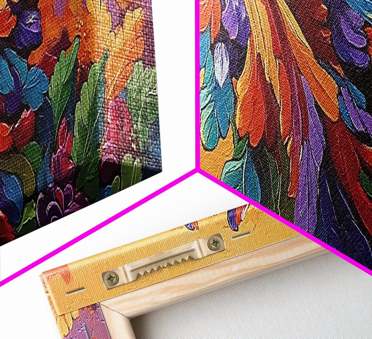 Tropical Parrot, Feathers Bloom, Jungle Vibes, Framed Canvas Print, Bright Animal Wall Art, Boho Living Room Decor, Bold Colors