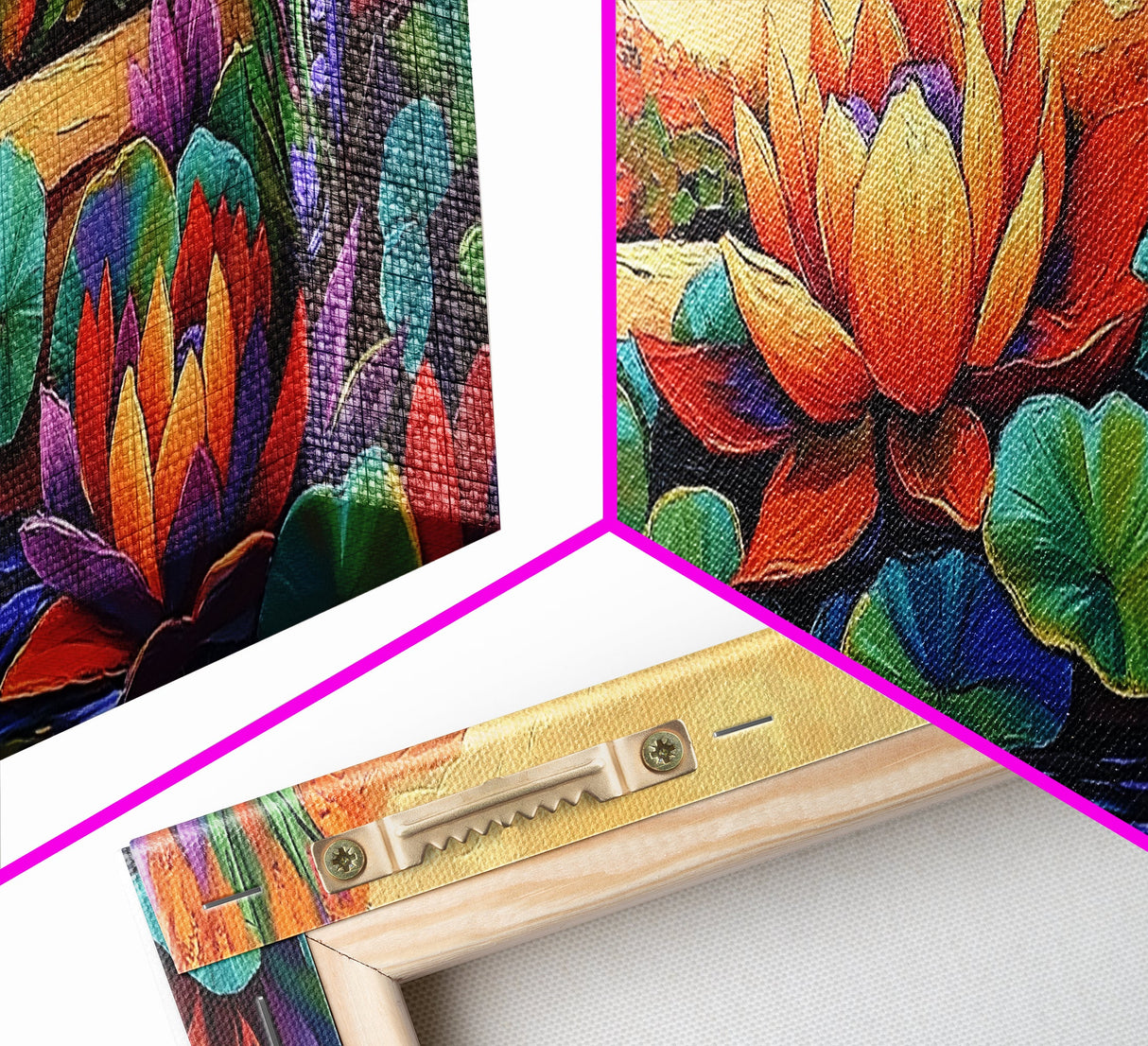 Lotus Bloom, Tranquil Pond, Sunset Flowers, Framed Canvas Print, Zen Wall Art, Yoga Studio Decor, Nature Inspired Floral Painting