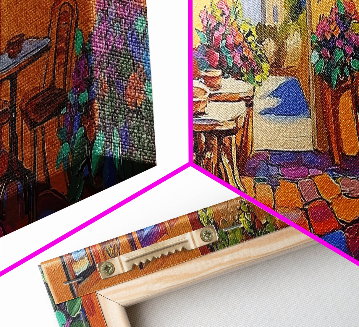 Mediterranean Patio Vibe, Colorful Courtyard Painting, Rustic Garden View, Framed Canvas Print, Kitchen Wall Art, Tuscan Style Decor