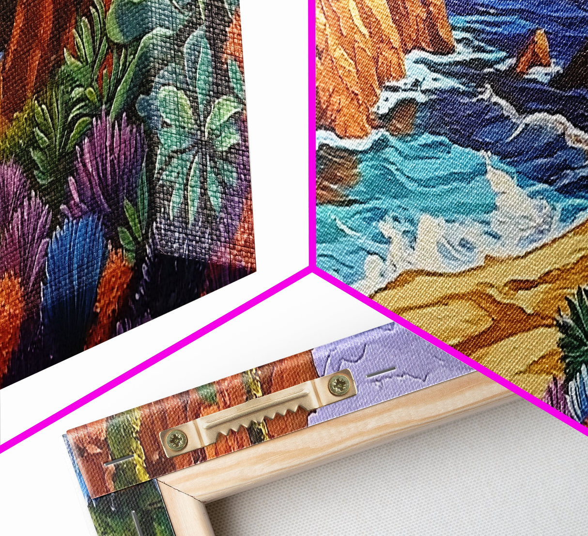 Hidden Cove Painting, Succulent Cliffside Beach, Colorful Ocean Art, Canvas Print, Desert Coastal Wall Art, Boho Nature Decor