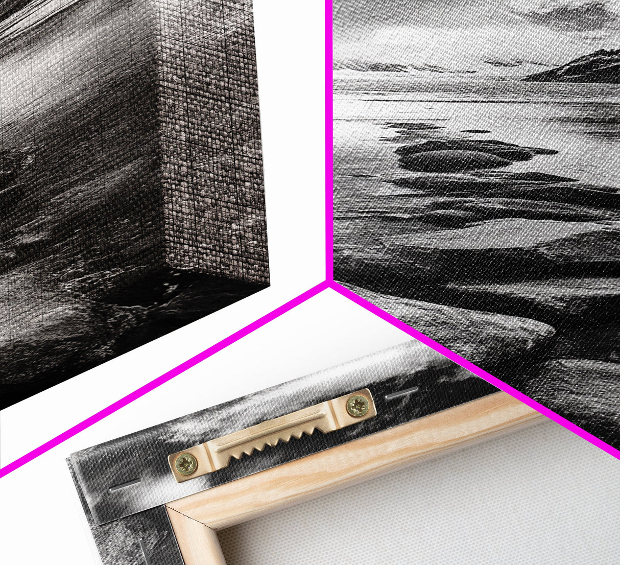 Mountain Stream, Stone Path, Black and White Nature, Scenic Landscape, Framed Canvas Print, Modern Cabin or Rustic Wall Decor, Office Art