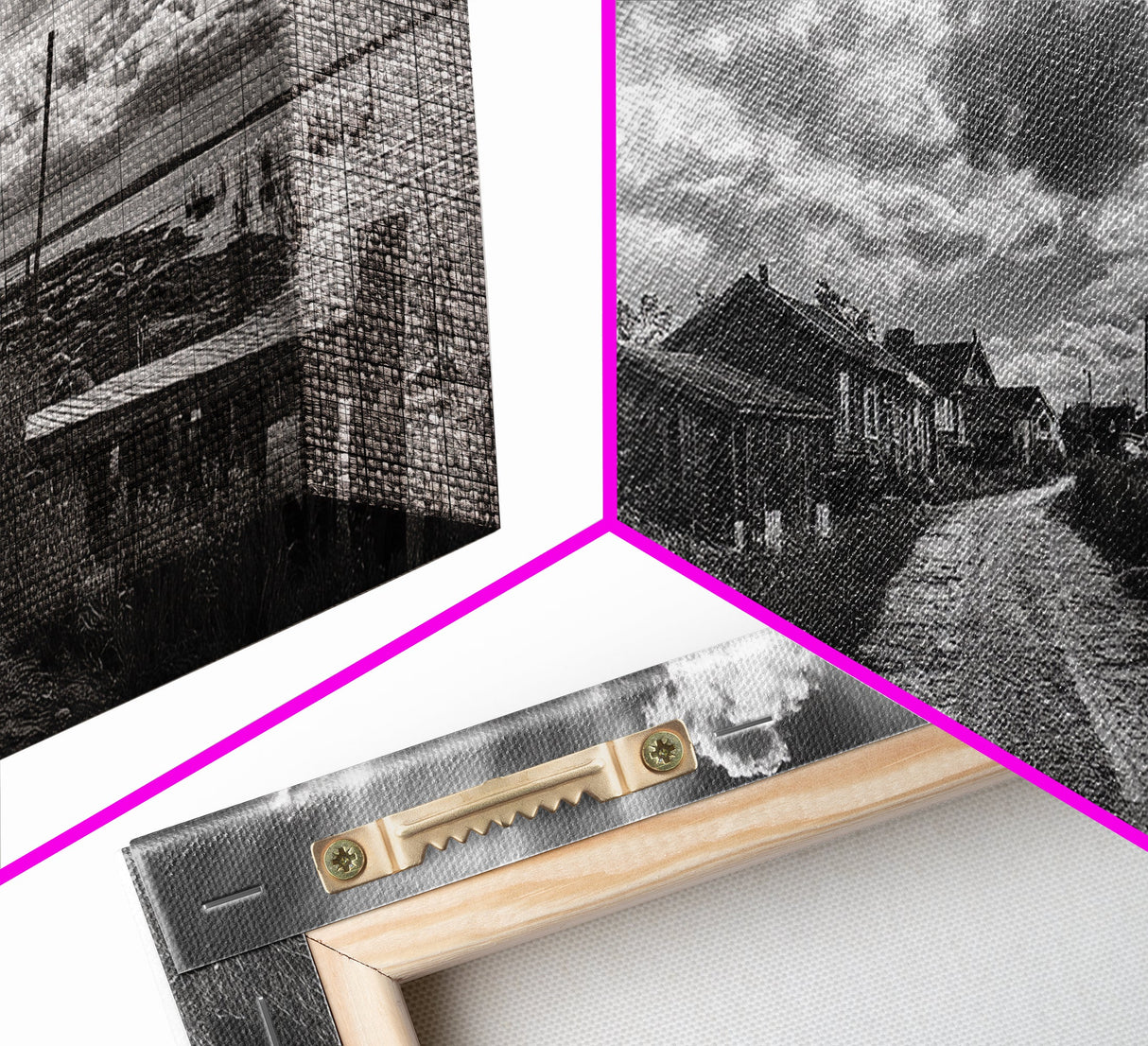 Seaside Village, Driftwood Cabins, Coastal Road, Vintage Fishing Town, Framed Canvas Print, Rustic Kitchen Wall Art, Moody Monochrome