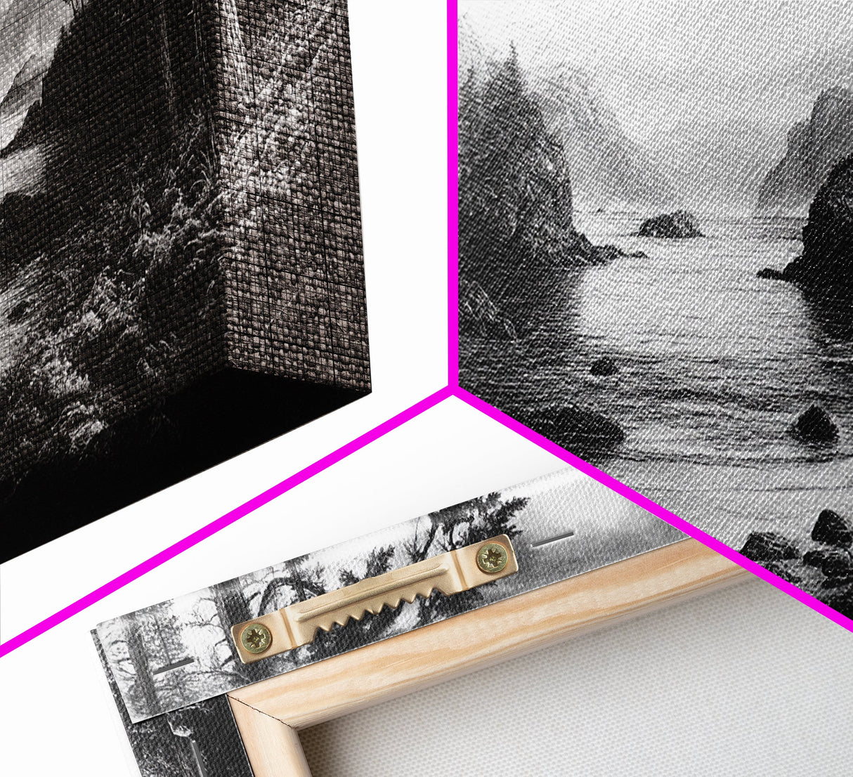 Coastal Forest View, Mountain Sea Horizon, Romantic Nature Scene, Framed Canvas Print, Living Room Wall Art, Vintage Landscape