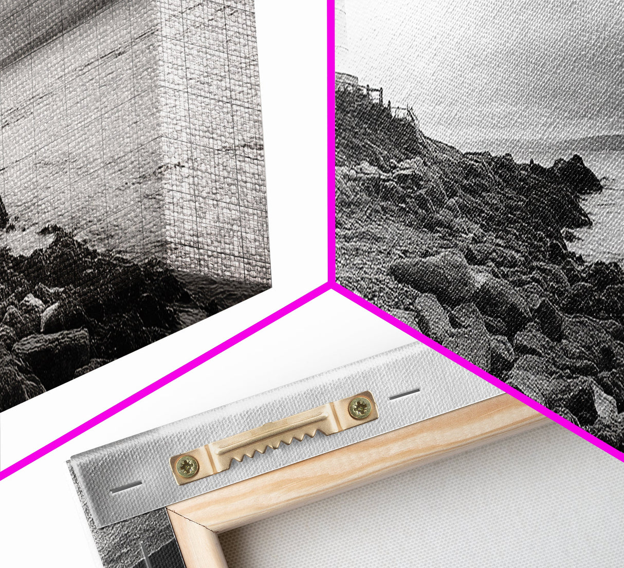 Classic Lighthouse Shore, Rocky Coastline Fog, Seaside Charm, Framed Canvas Print, Office Wall Art, New England Coastal Decor