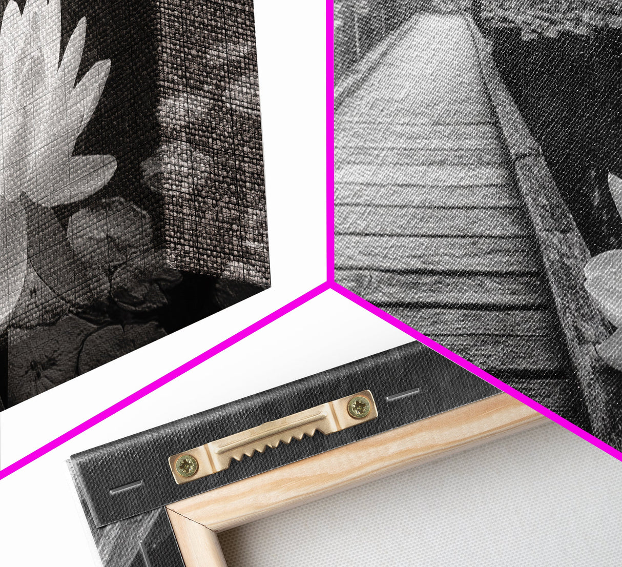 Water Lily, Peaceful Pond, Wooden Dock, Framed Canvas Print, Zen Wall Art, Meditation Room Decor, Black and White Nature Art