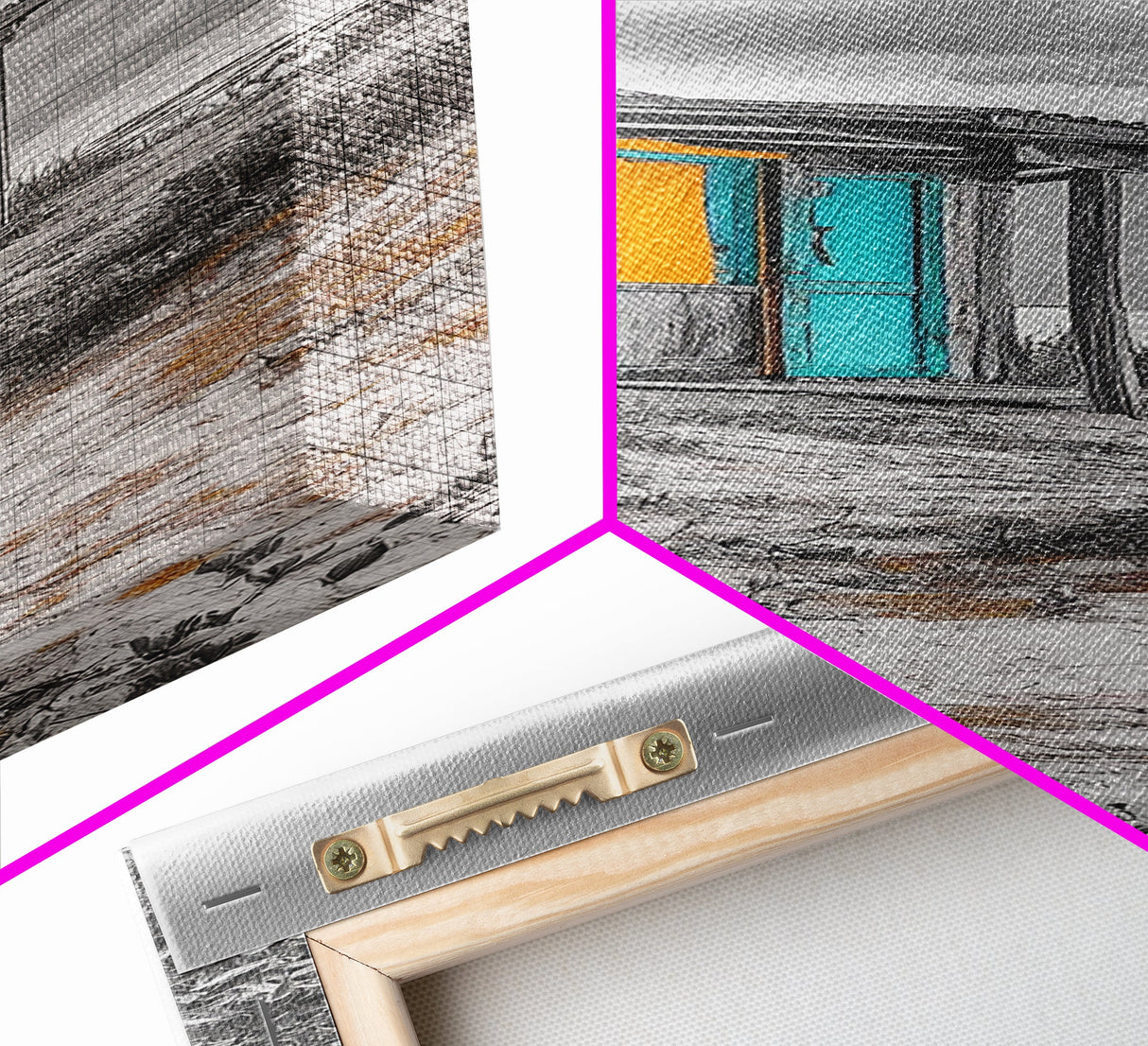 Beach Shack, Rustic Cabin, Vibrant Doors, Framed Canvas Print, Coastal Entryway Wall Art, Tropical Boho Decor, Seaside Rustic Style