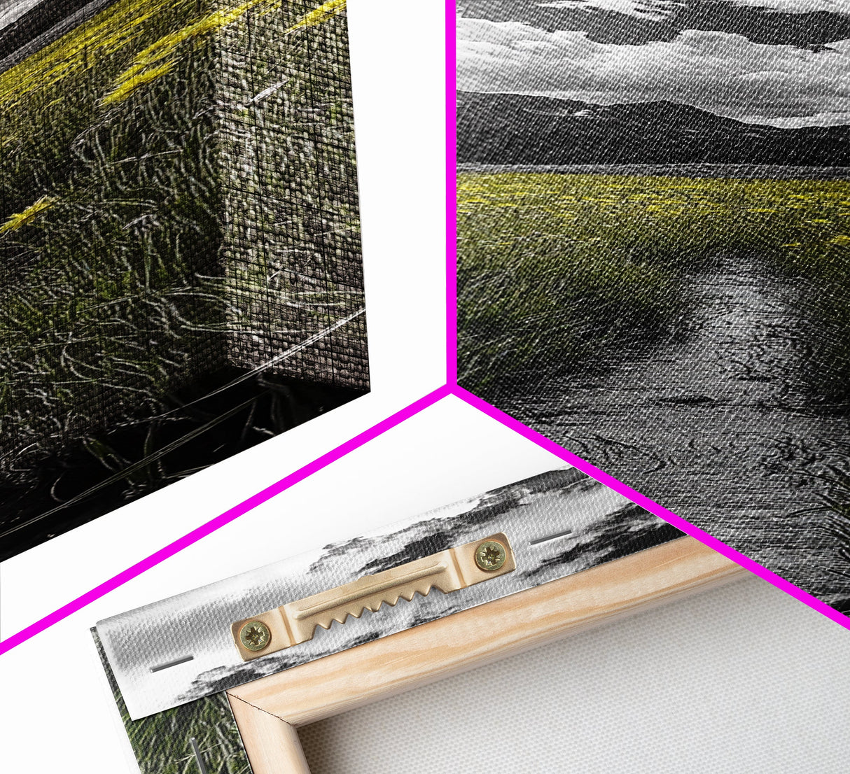 Yellow Field, Mountain Trail, Alpine Meadow, Bright Sky Framed Canvas Print, nature lover gift, landscape wall decor, cabin wall art