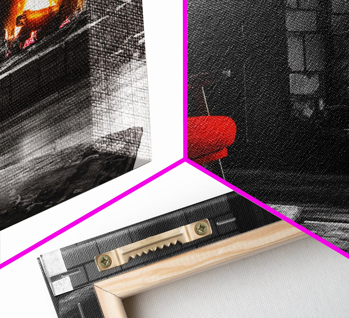 Fireplace, Red Chair, Cozy firelight and bold red accent chair on this Framed Canvas Print, Cozy Fall Living Room Art, Cabin Decor Accent