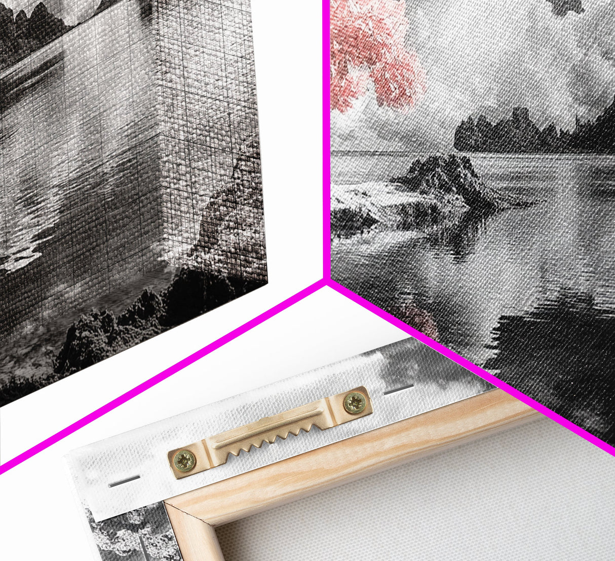 Pink Tree, Island Dreams, Serene Water, Tropical Sky, Framed Canvas Print, Boho Wall Art, Bedroom Decor, Black and White Landscape