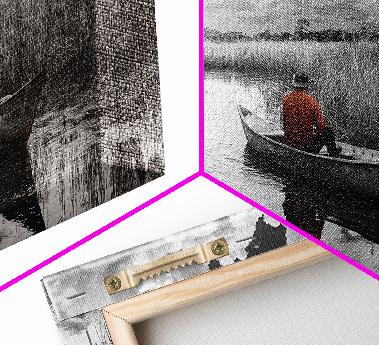 Solitary Canoe, Peaceful Waters, Cloudy Sky, Red Shirt, Framed Canvas Print, Nature Explorer Gift, Cabin Wall Art, Rustic Fall Scene