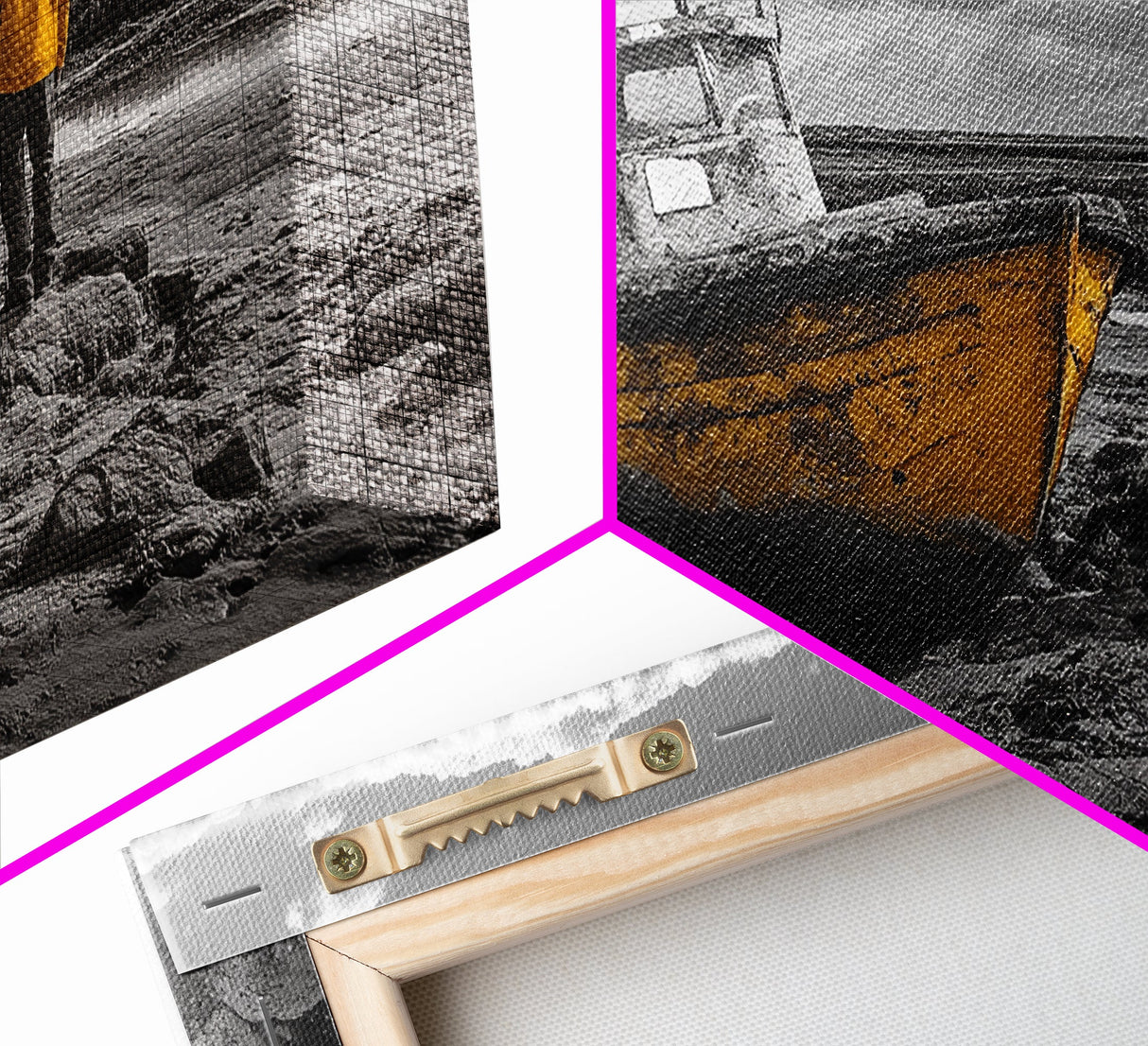 Yellow Boat, Lonely Man, Moody Shore, Framed Canvas Print, Coastal Wall Art, Nautical Decor, Masculine Home Office Style