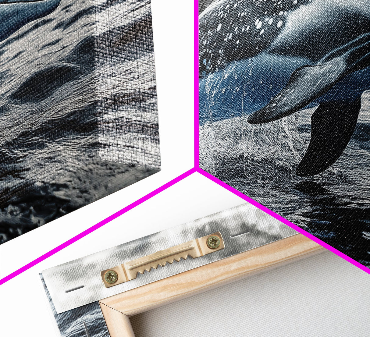 Jumping Dolphin, Ocean Splash, Monochrome Water, Framed Canvas Print, Coastal Wall Art, Bathroom Nautical Decor, Marine Life Photography