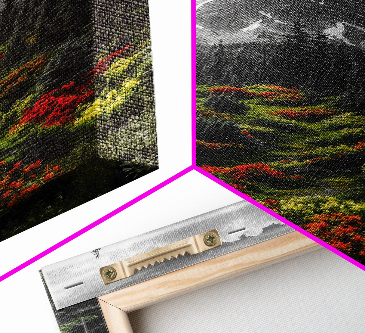 Mountain Flowers, Nature Trail, Alpine Beauty, Evergreen Path, Framed Canvas Print, Landscape Photography, Cabin Wall Art, Nature Decor