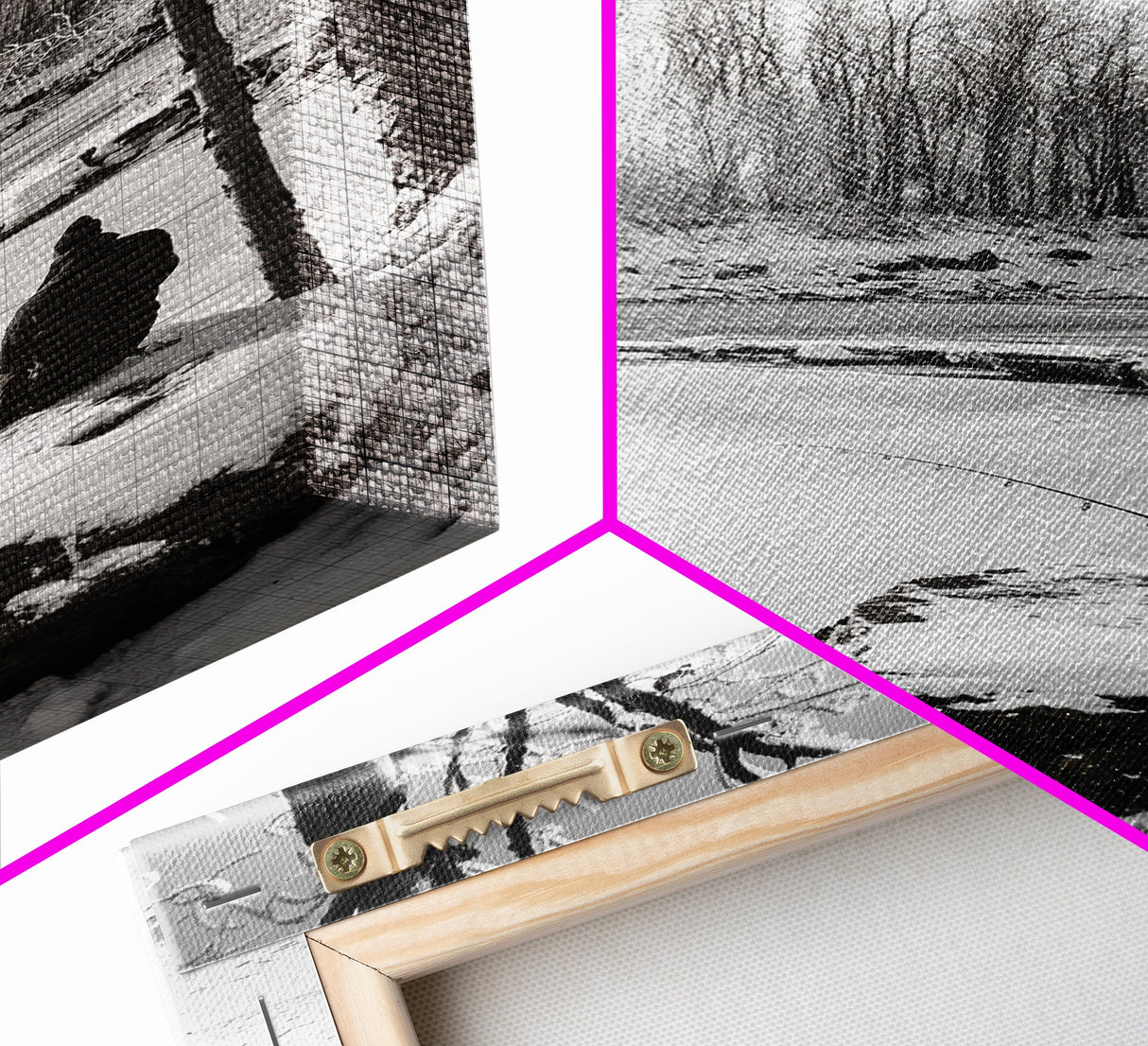 Winter Fishing, Snowy River, Peaceful Solitude, Canvas Print, Cabin Wall Art, Rustic Outdoor Decor, Black White Nature Photography