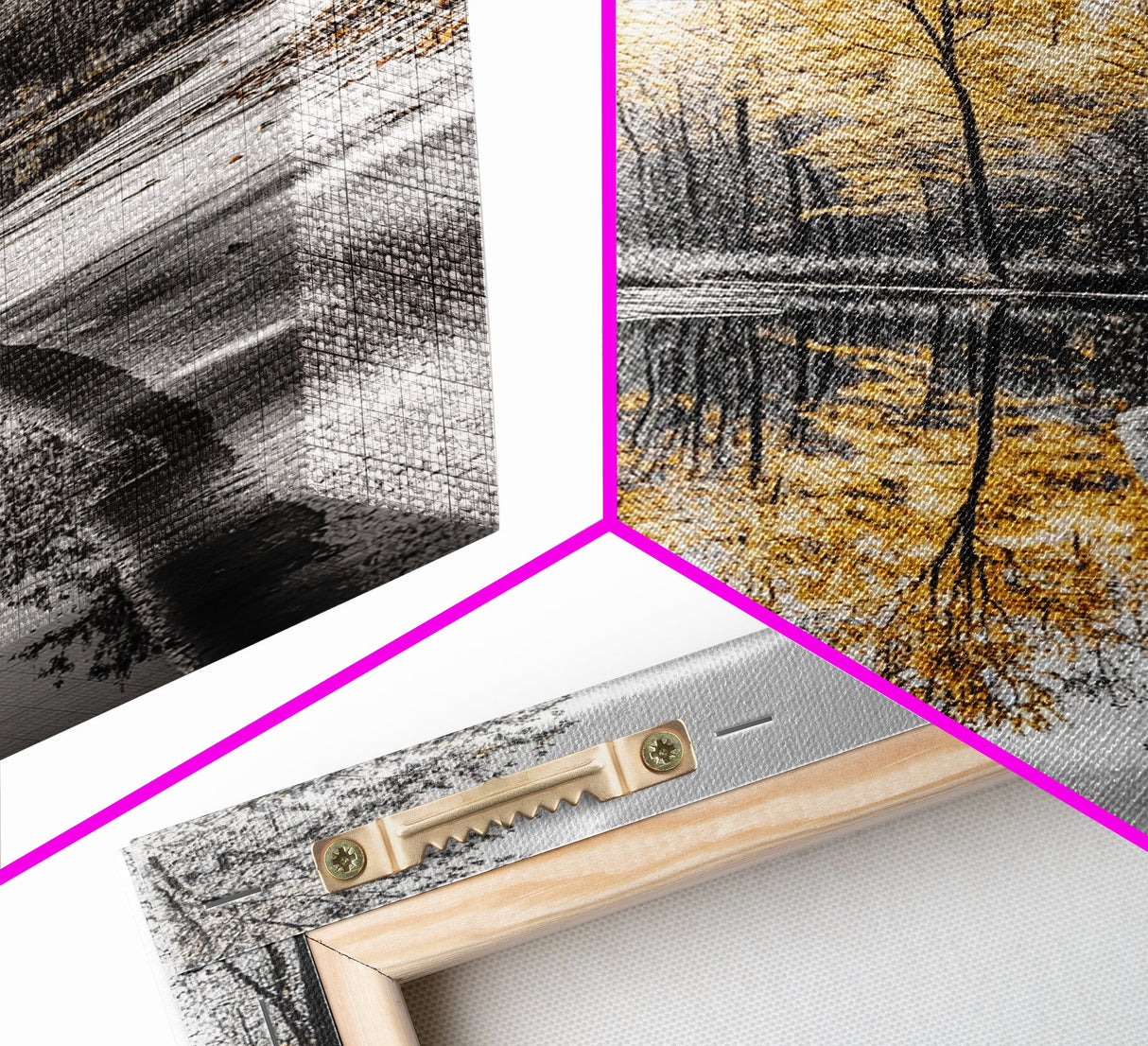 Autumn Trees, Yellow Reflection, Calm River, Nature Path, Framed Canvas Print fall landscape wall art, minimalist forest photography