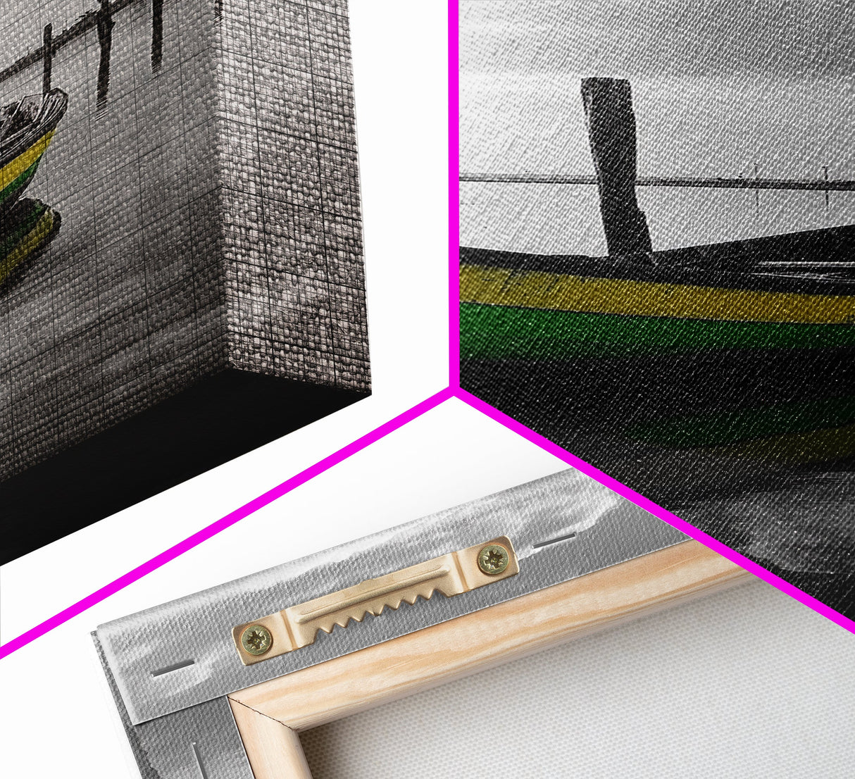 Green Yellow Boat, Serene Reflection, Dockside Calm, Framed Canvas Print, Coastal Bedroom Decor, Minimal Nautical Wall Art