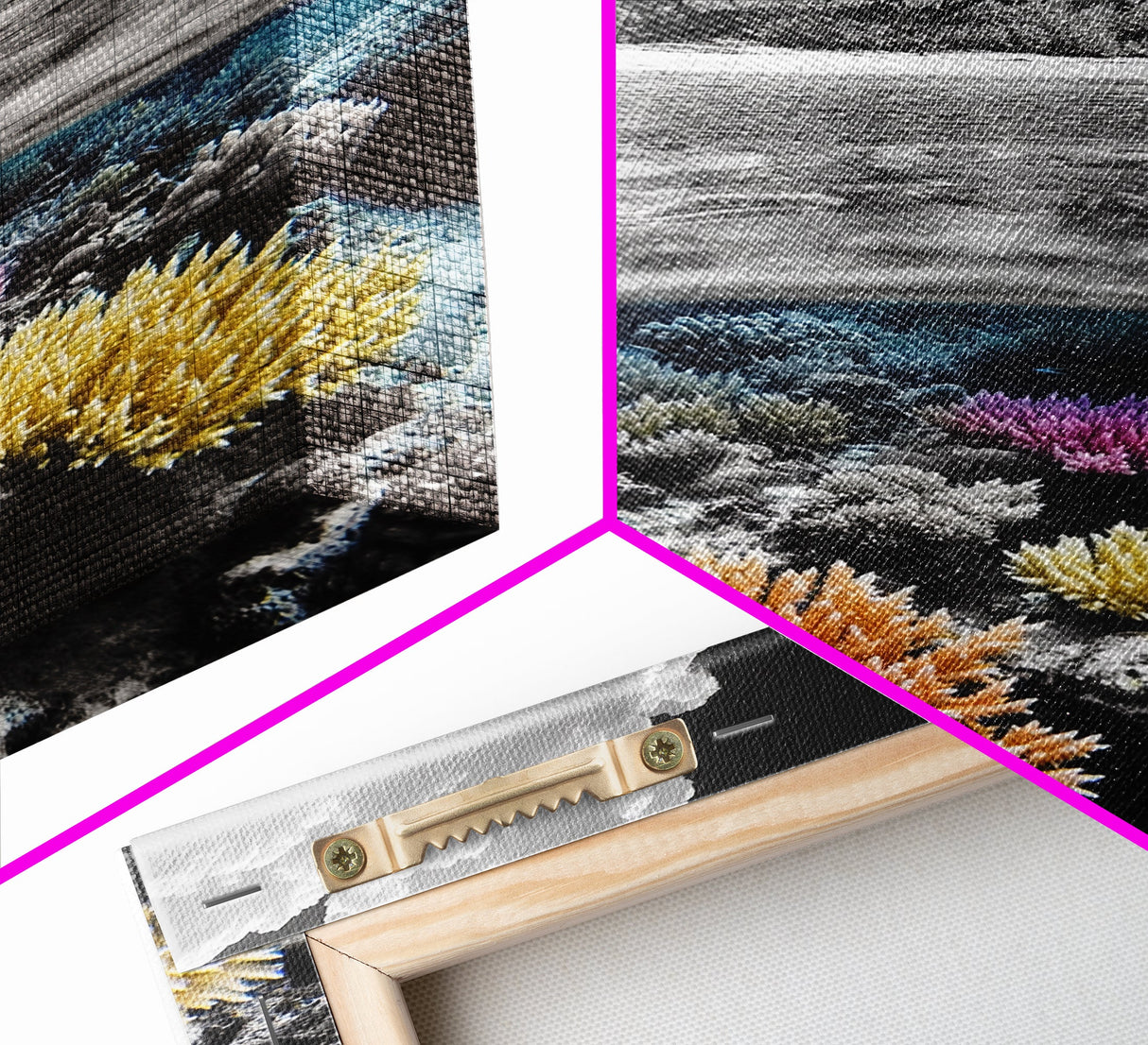 Island View, Coral Reef, Overwater Split Scene, Framed Canvas Print, Coastal Wall Art, Beach House Decor, Ocean Landscape Art