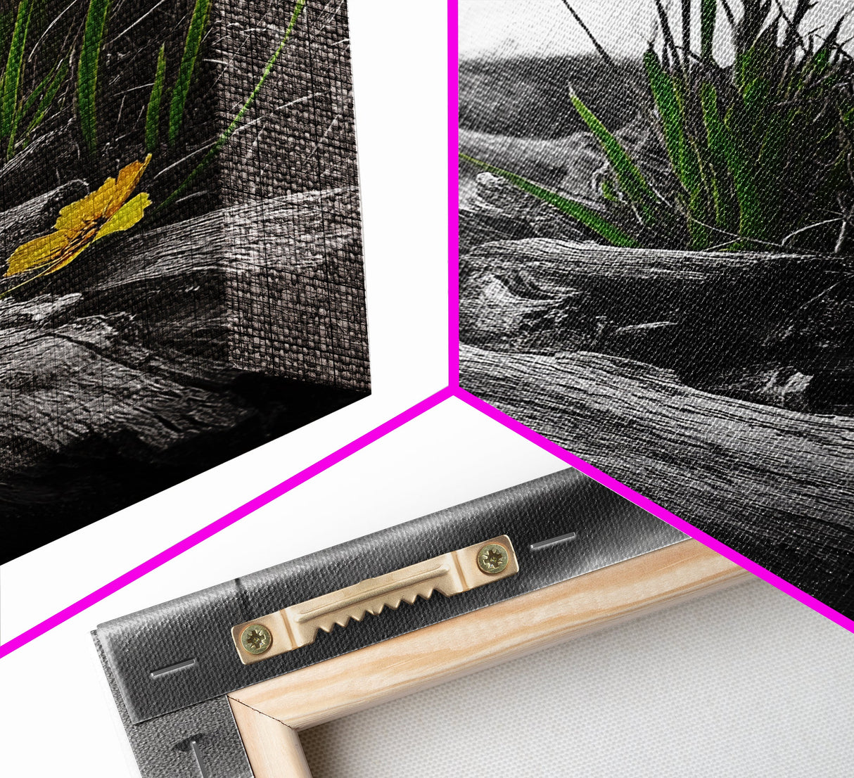 Wild Bloom, Yellow Flower, Driftwood and Grass, Moody Beach Scene, Framed Canvas Print, Autumn Wall Art, Nature Decor, Cozy Home Accent