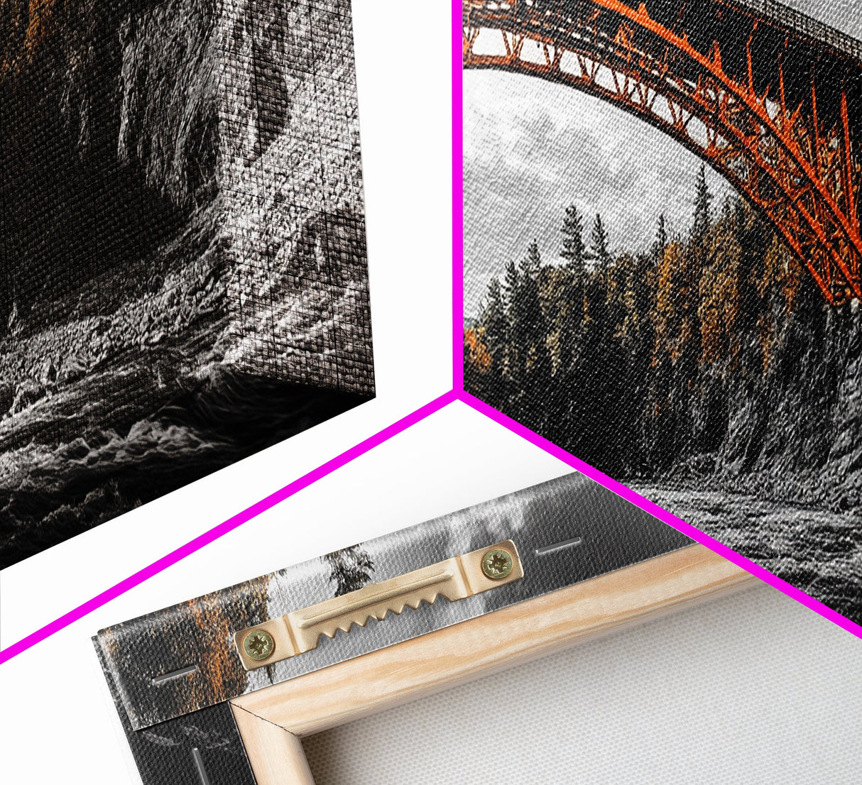 Autumn River Bridge, Orange Iron Arch, Canyon Flow Scene, Framed Canvas Print, Rustic Fall Decor, Entryway Wall Art, Living Room Decor