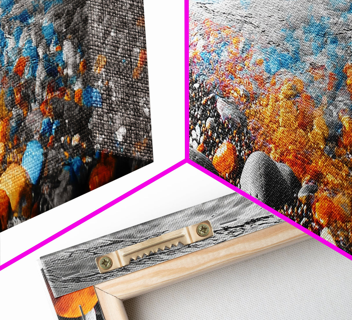 Colorful Pebble Shore, Vibrant Lake Stones, Blue Orange Rocks, Framed Canvas Print, Boho Coastal Style, Bathroom Wall Art