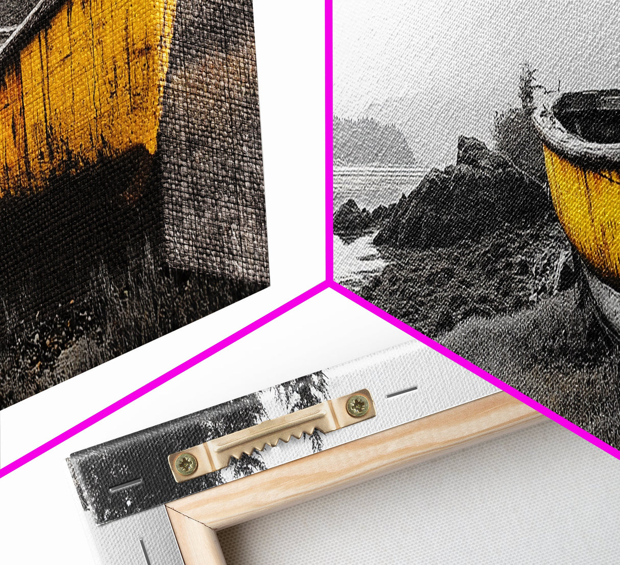 Yellow Rowboat Scene, Misty Coastal Landscape, Abandoned Boat Art, Framed Canvas Print, Rustic Nautical, Office Wall Art