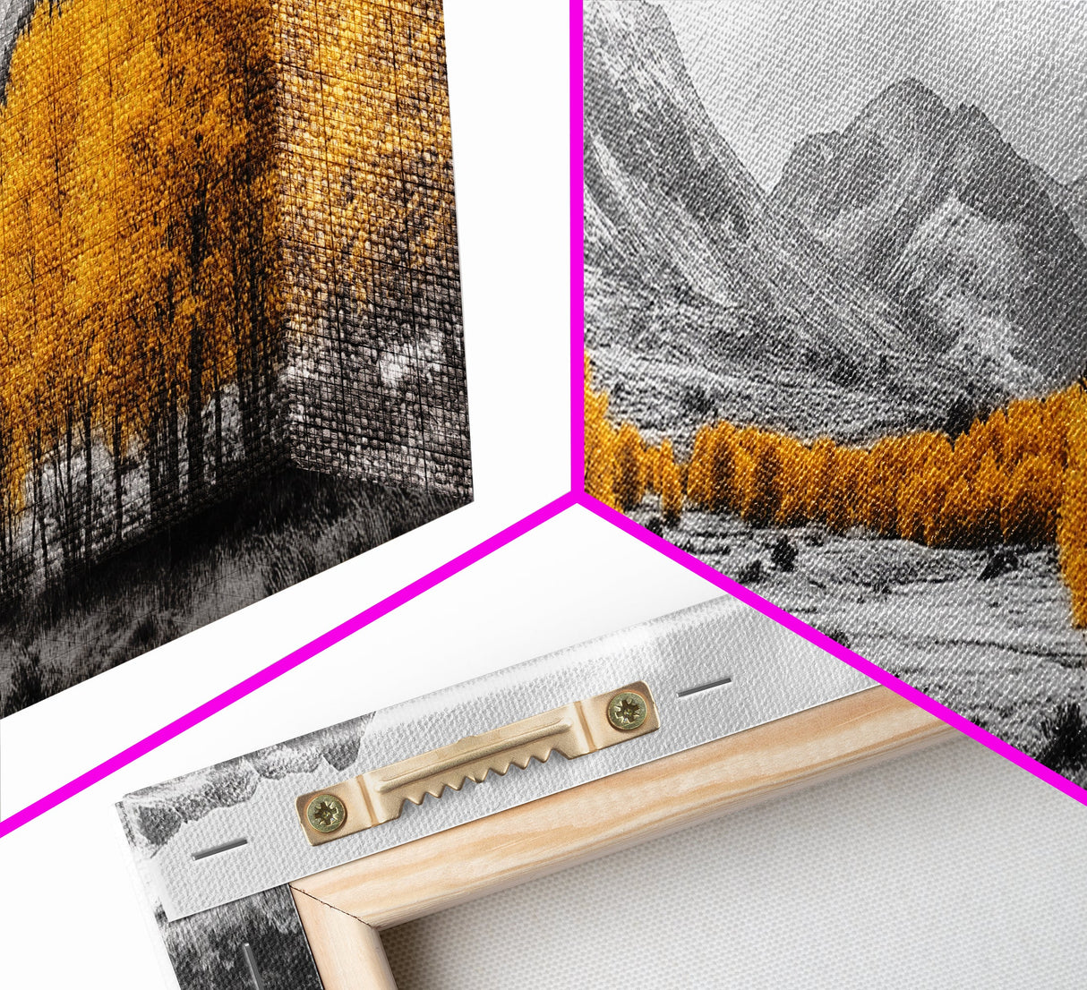 Golden Trees Trail, Snowy Peaks, Serene Landscape, Framed Canvas Print, Autumn Home Decor, Cozy Wall Art, Cabin Aesthetic