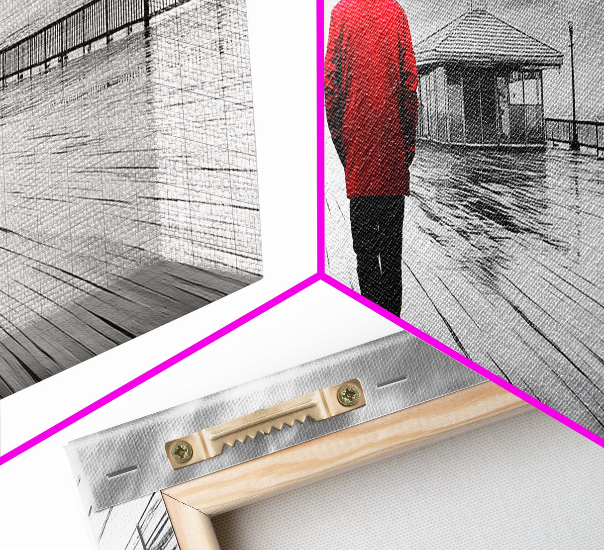 Red Jacket Walk, Rainy Boardwalk Scene, Urban Solitude, Moody Landscape Photography, Canvas Print, Entryway Wall Art, Minimalist Decor