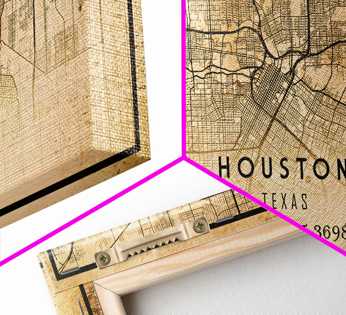 Houston Vintage Map Print, Framed Canvas, Houston Map, Texas Map Art, Houston City Road Map Poster, Vintage Map