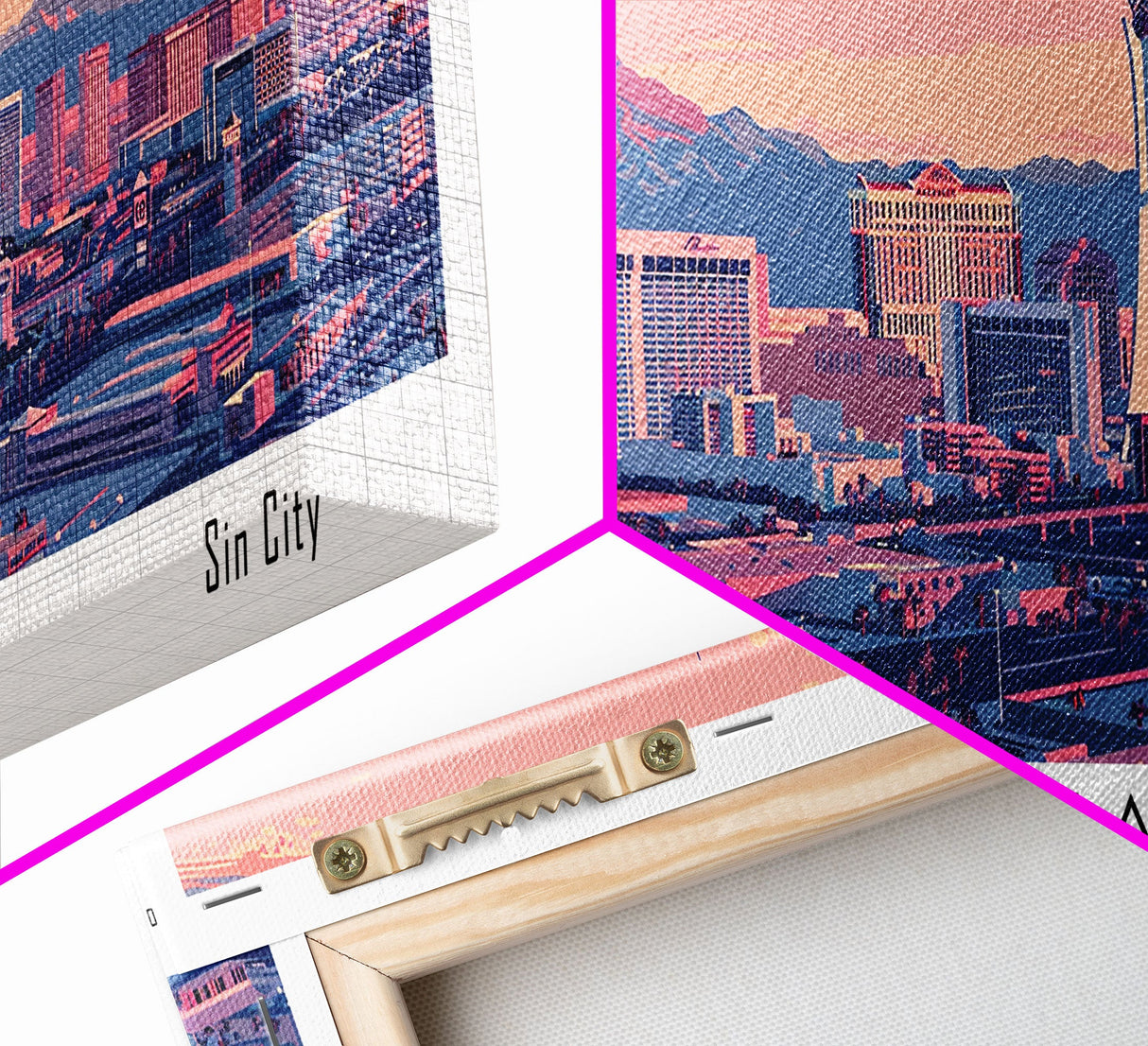 Las Vegas Nevada Panoramic Painting, Mid Century Modern Framed Canvas Print, Retro Pop Art Travel Poster, Living Room Art