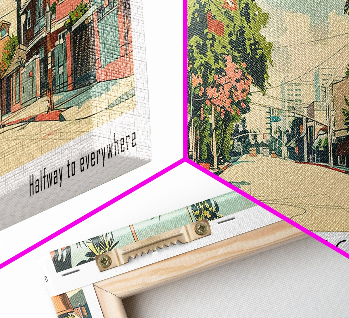 Torrance California Panoramic Painting, Mid Century Modern Framed Canvas Print, Retro Pop Art Travel Poster, Wall Hanging for Home Decor