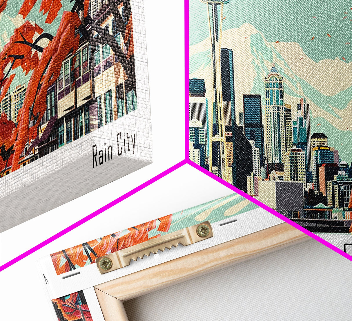 Seattle Washington Panoramic Painting, Mid Century Modern Framed Canvas Print, Retro Pop Art Travel Poster, Cityscape, Home Decor, Office Wall Art