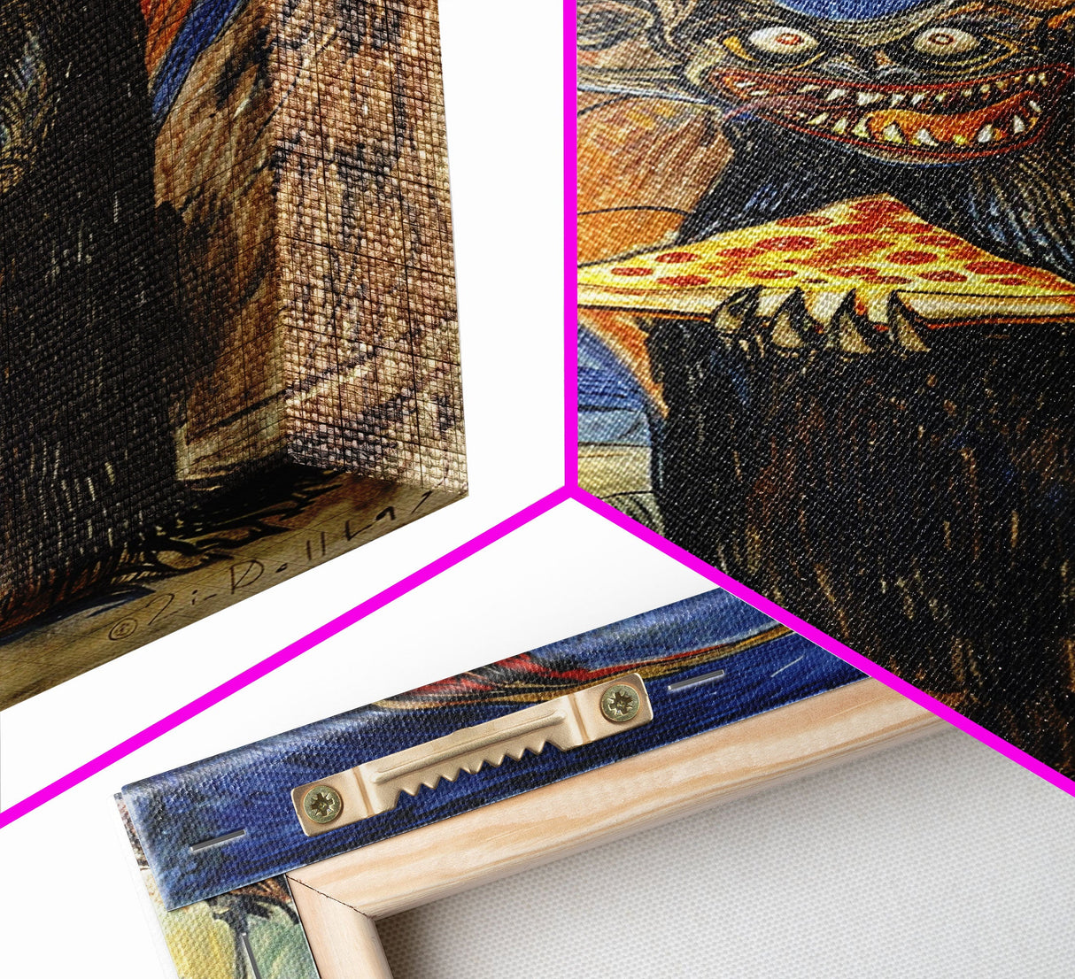 Halloween Vampire Bat with Pizza Under Full Moon Framed Canvas Print, Humorous Wall Art, Home Decor, Whimsical Decor, Gift Idea, Spooky Fun