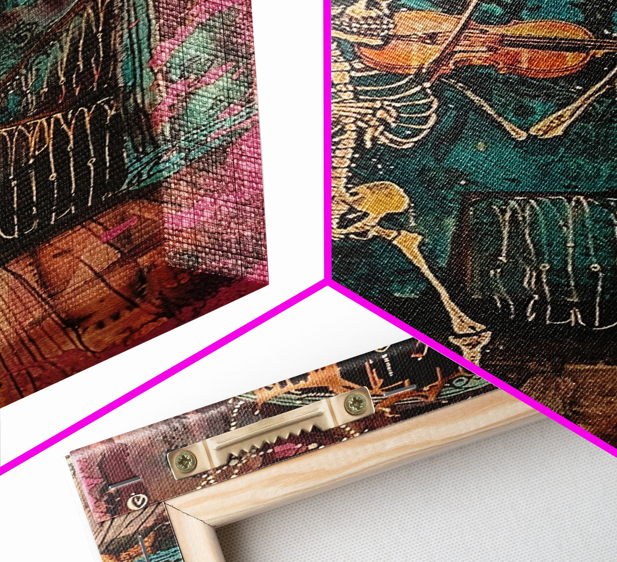 Halloween Skeleton Playing Violin, Framed Canvas Print, Wall Art, Living Room Decor, Spooky, Skeleton Art, Original Painting