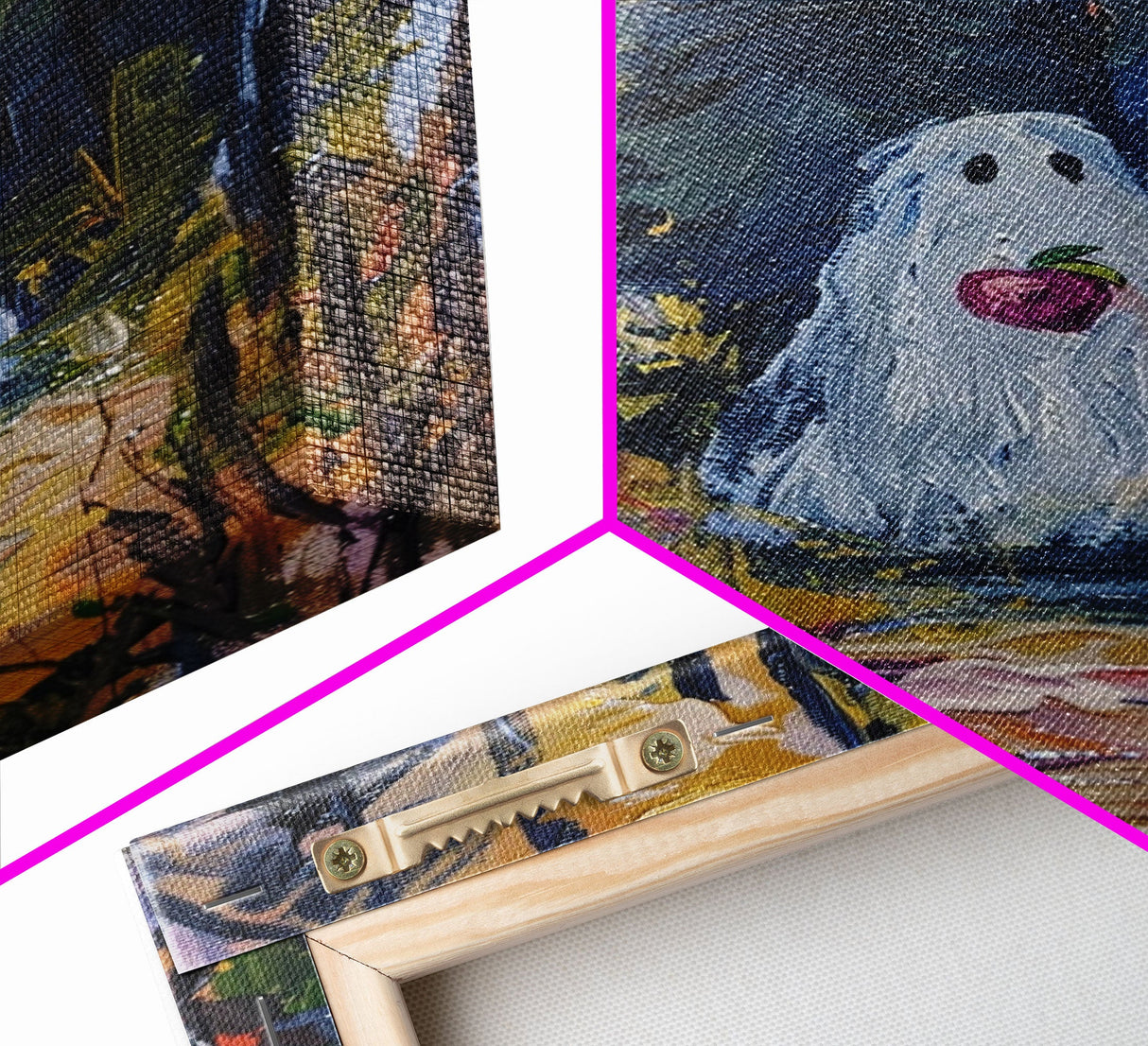 Halloween Ghost in Forest with Apple Framed Canvas Print, Whimsical Spooky Decor, Living Room Art, Fun Halloween Art, Home Decor, Retro Art