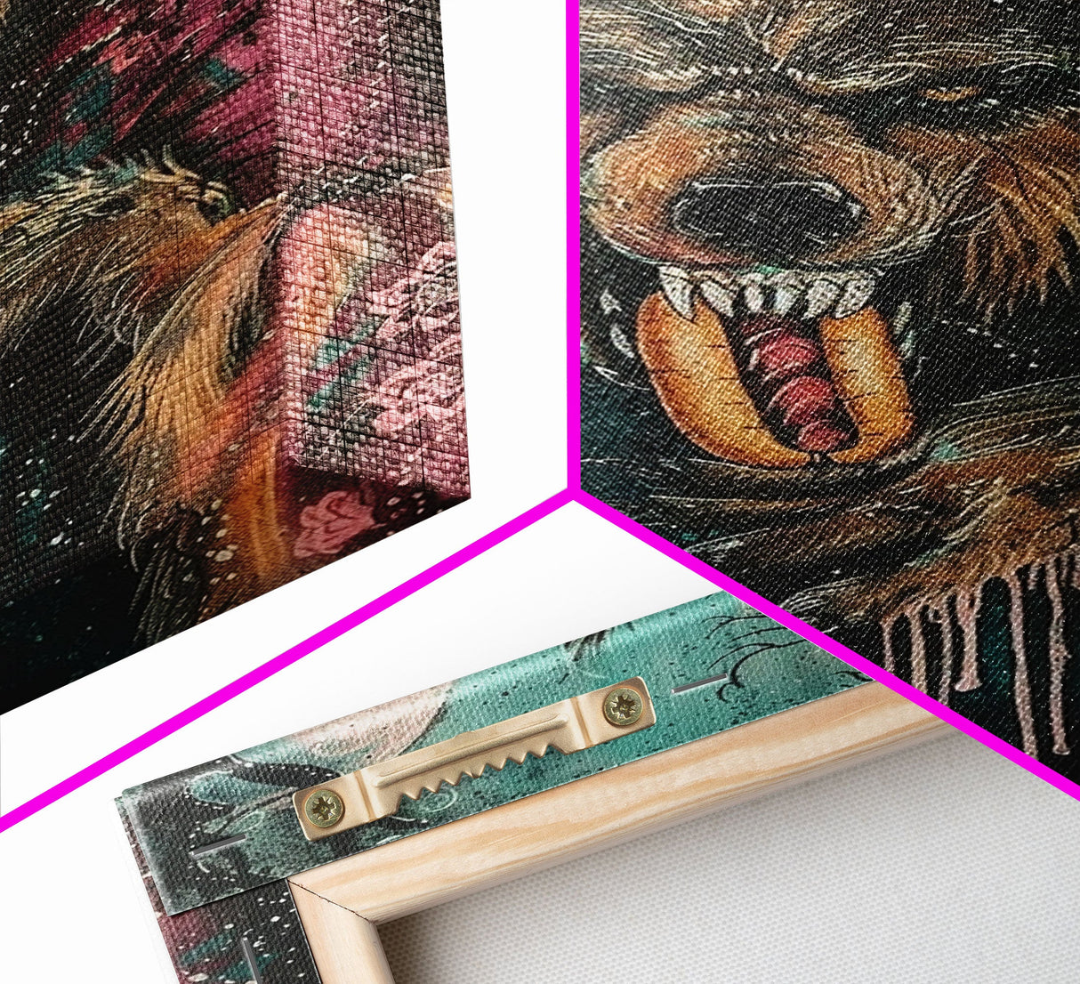 Halloween Werewolf Snarling with Hotdog, Framed Canvas Print, Wall Art, Home Decor, Spooky Artwork, Monster Decor, Halloween Decor