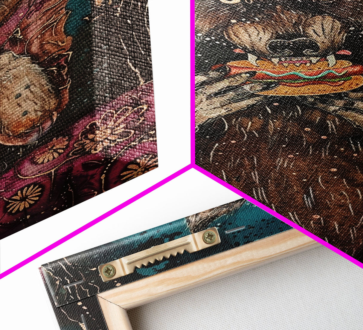 Halloween Werewolf Enjoying Hotdog, Framed Canvas Print, Wall Art, Home Decor, Spooky Artwork, Fantasy Decor, Halloween Decor, Holiday Gift