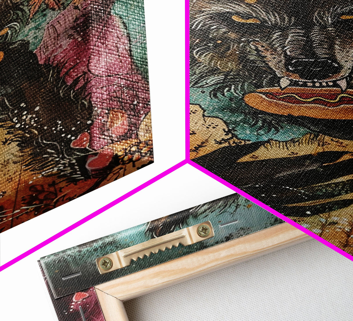 Halloween Werewolf Holding Hotdog, Framed Canvas Print, Wall Art, Home Decor, Spooky Artwork, Fantasy Decor, Halloween Decor