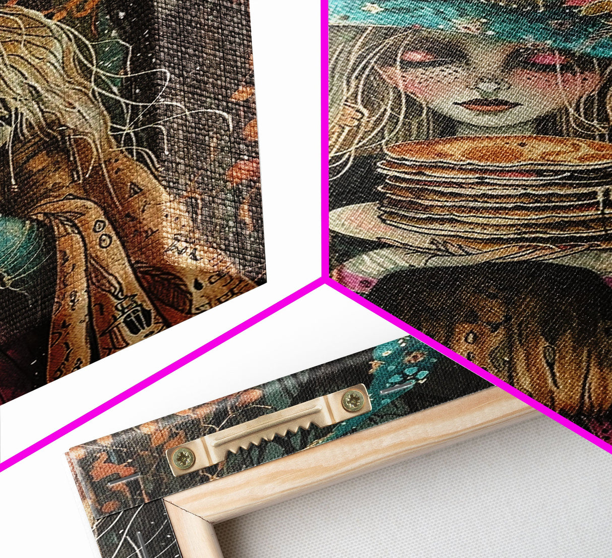 The Witch and Her Pancakes, Breakfast Witch, Framed Canvas Print, Funny Halloween Art