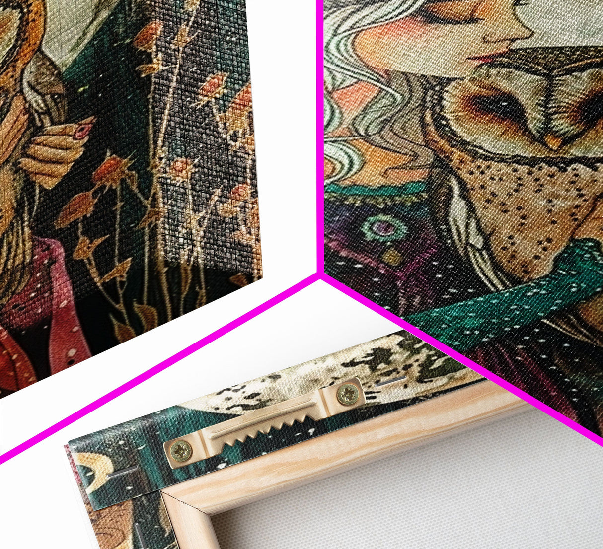 Witch Holding Owl Under Full Moon Glow - Enchanting Halloween Night Framed Canvas Print, Spooky Gothic Home Decor