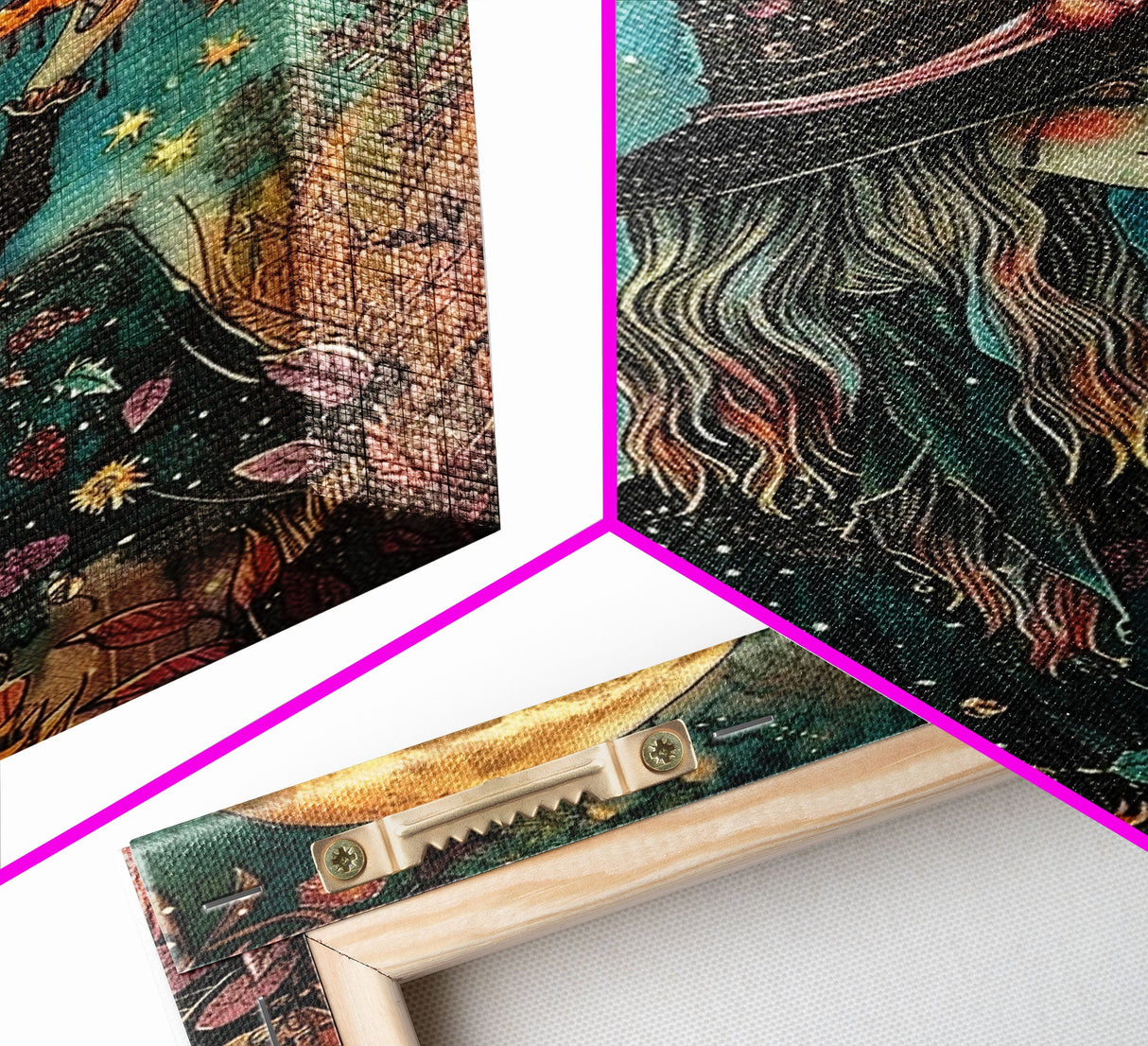 Spring Witch and Her Slice Of Pizza, Framed Canvas Print, Cute / Funny Halloween Art