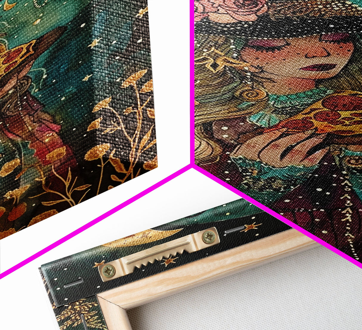 Summer Witch and Her Slice Of Pizza, Framed Canvas Print, Cute / Funny Halloween Art