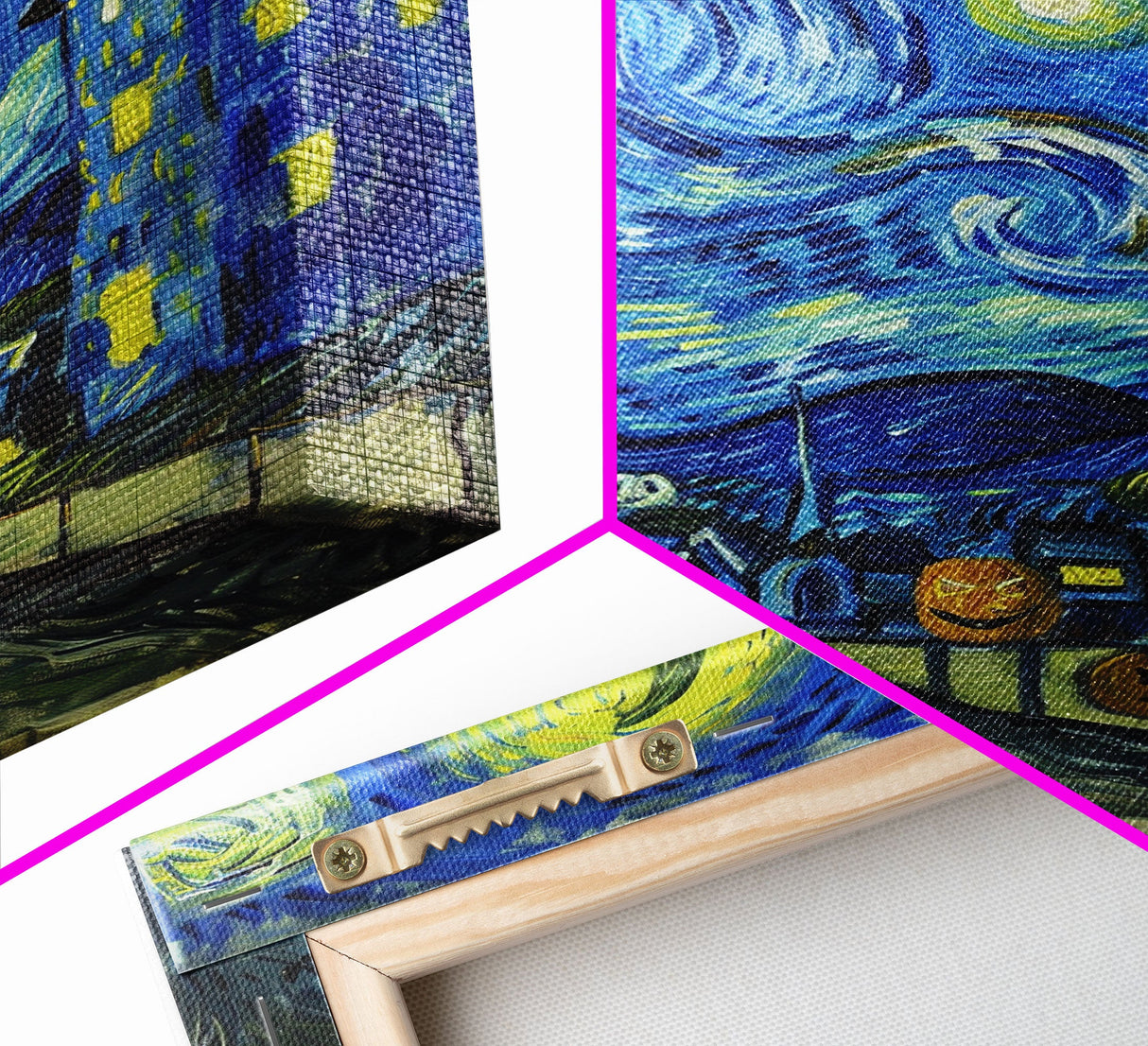 Starry Night Inspired Haunted Halloween Village Framed Canvas Print, Van Gogh Inspired, Spooky Season Halloween Art