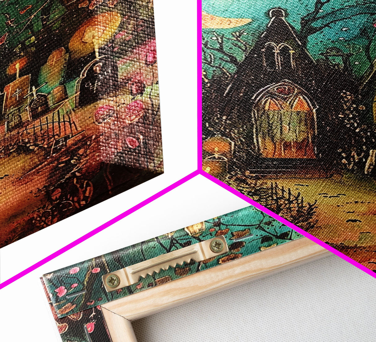 Gothic Churchyard with Moon and Lanterns Framed Canvas Print, Wall Art, Spooky Home Decor, Halloween Cemetery, Gothic Art, Haunted Graveyard