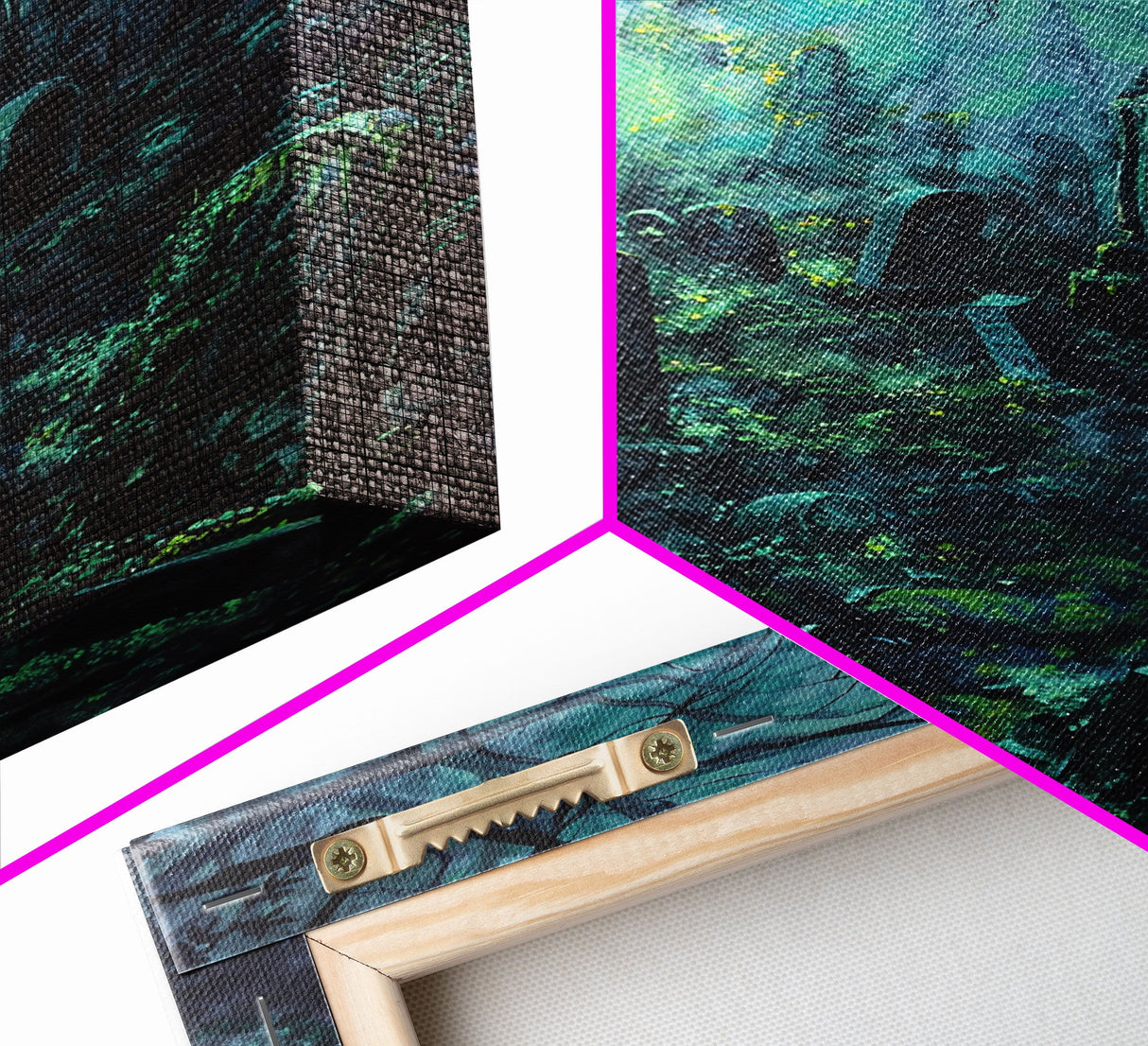 Spooky Cemetery with Glowing Lights Framed Canvas Print, Wall Art, Halloween Graveyard Art, Eerie Home Decor, Haunted Forest Painting