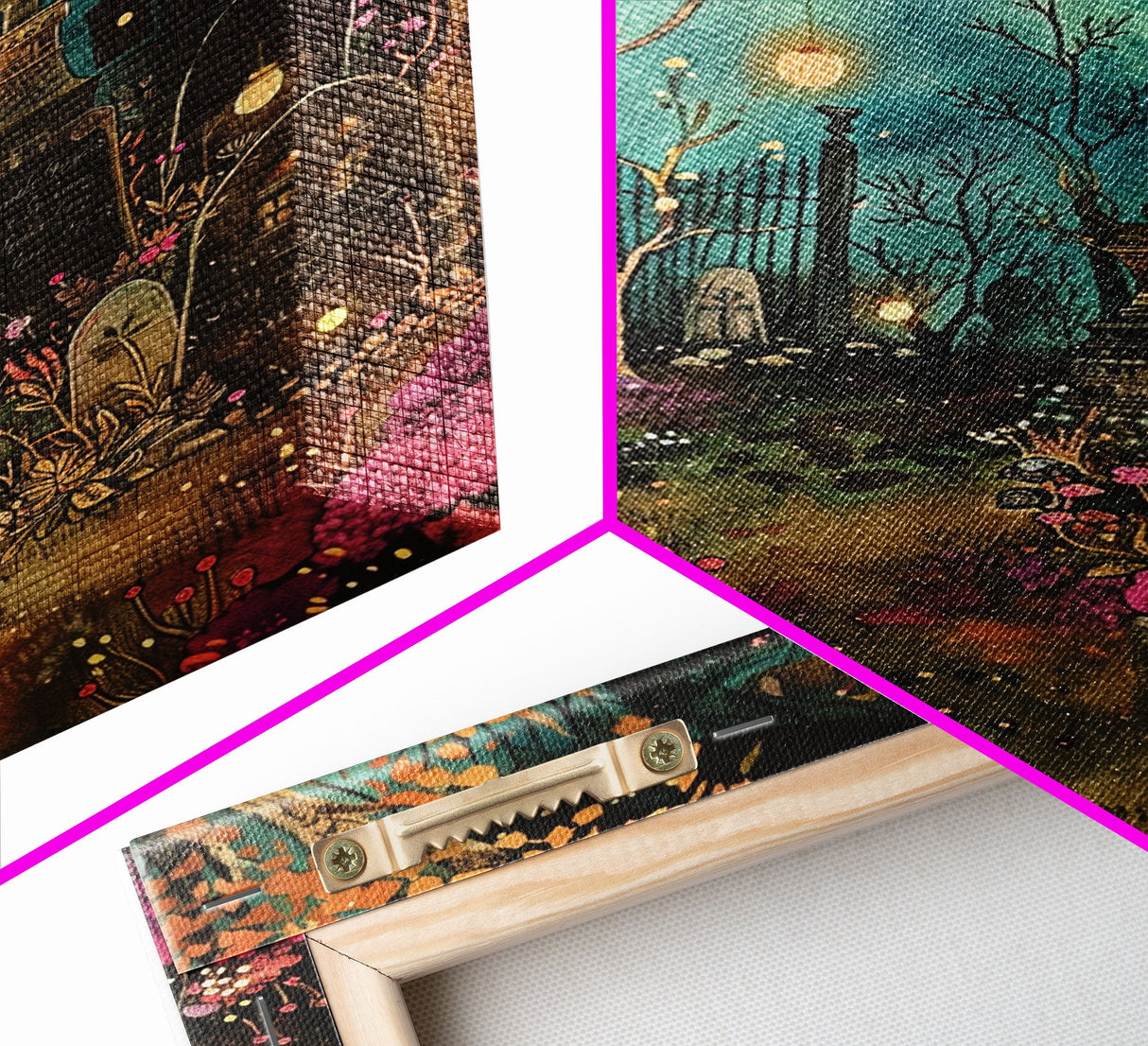 Gate to Haunted Cemetery Framed Canvas Print, Wall Art, Spooky Graveyard Art, Eerie Home Decor, Halloween Forest Painting, Spooky Graveyard