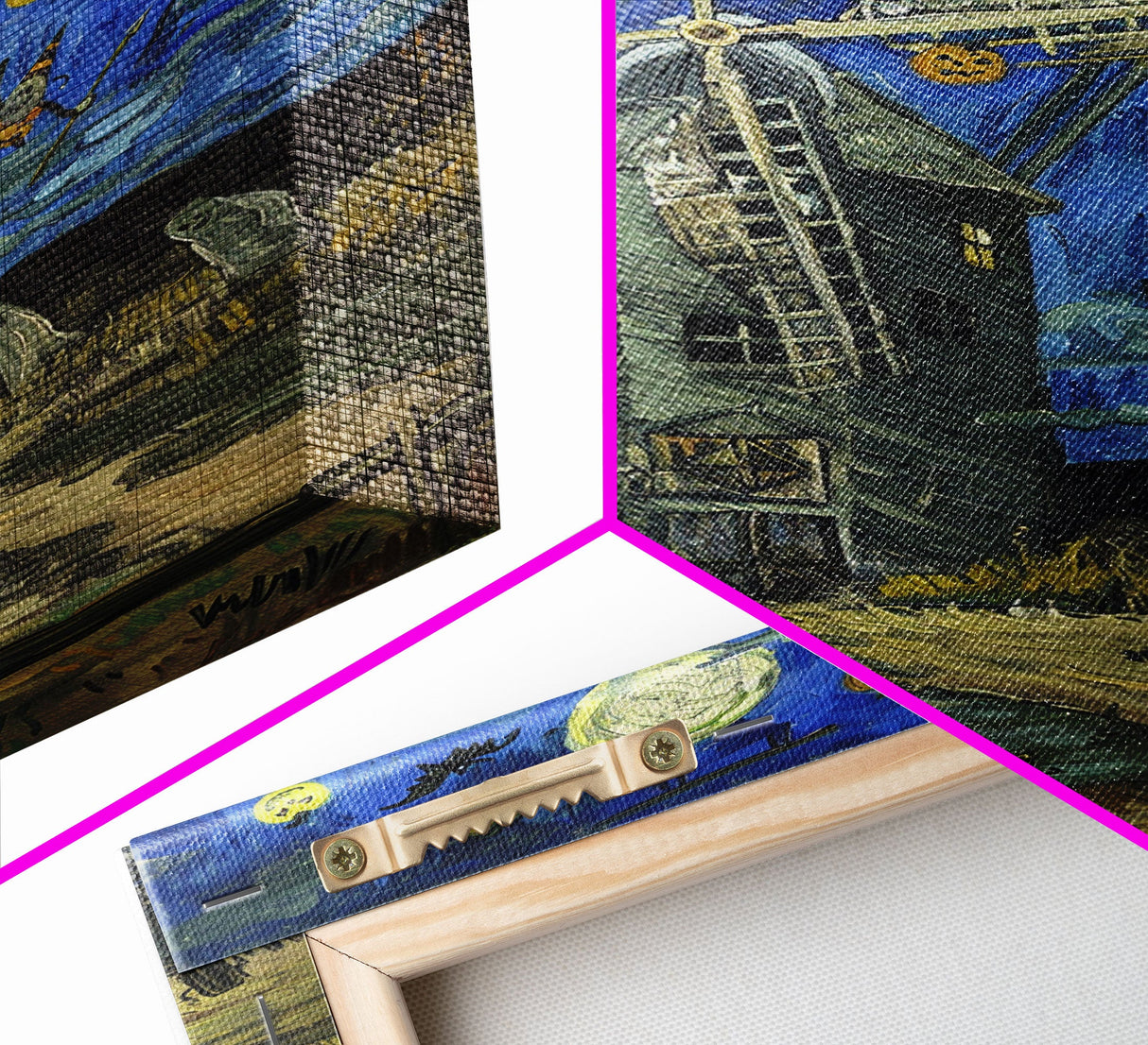 Haunted Railway Station with Pumpkins Framed Canvas Print, Wall Art, Spooky Home Decor, Halloween Train Station Art, Eerie Painting