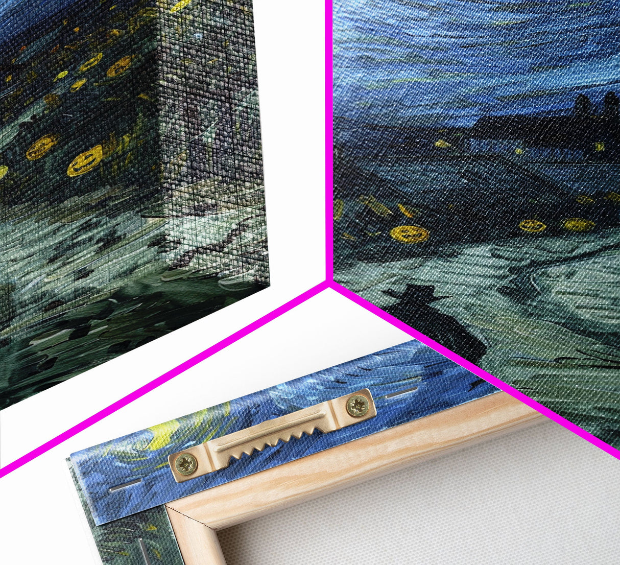 Haunted Road with Jack-O-Lanterns Framed Canvas Print, Halloween Wall Art, Starry Night Inspired, Home Decor, Spooky Art, Living Room Decor